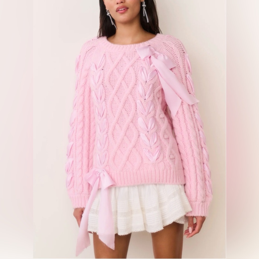 NWT LoveShackFancy Kloss Pullover Alpaca Sweater w Ribbons Ballet Slipper Pink